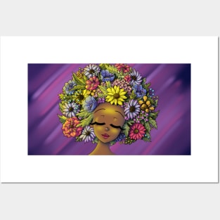 African American Woman and Flowery Hair Posters and Art